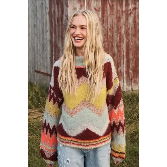 Free People Imagine Chevron Knit Slouchy Pullover Sweater - Picture 1 of 8